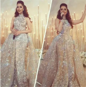 silver appliqué sparkly evening dresses long high neck sleeveless champagne arabic evening gown vestido de longo