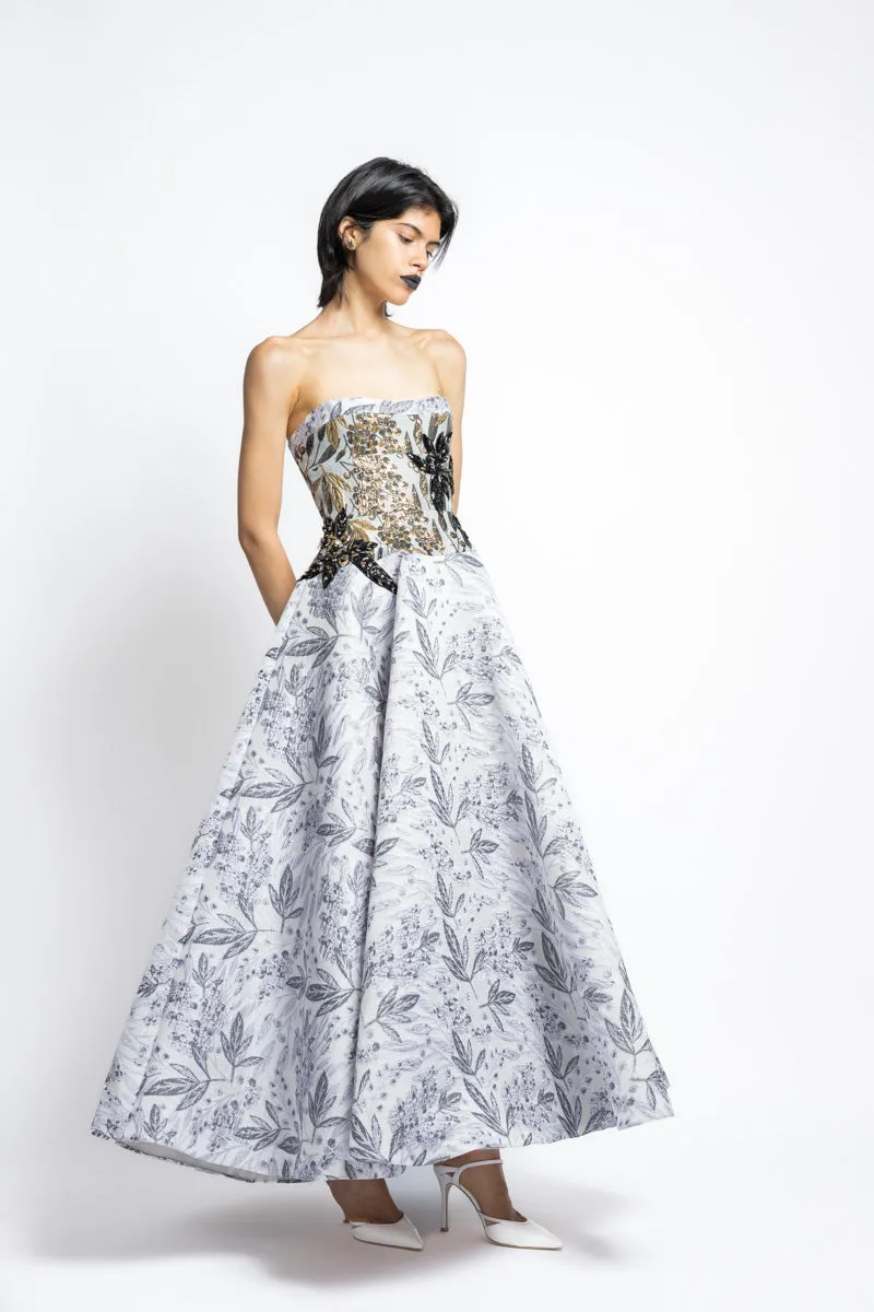 Silver Bay Leaf Jacquard Strapless Ball Gown With Gilded Bodice And Floral Embroidery