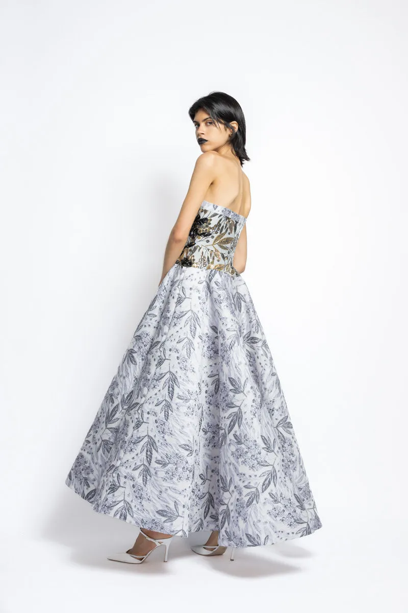 Silver Bay Leaf Jacquard Strapless Ball Gown With Gilded Bodice And Floral Embroidery