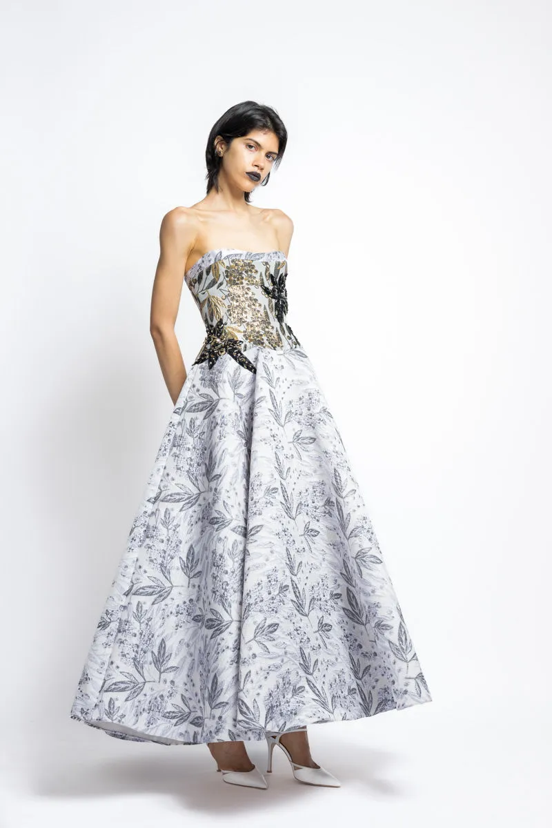 Silver Bay Leaf Jacquard Strapless Ball Gown With Gilded Bodice And Floral Embroidery