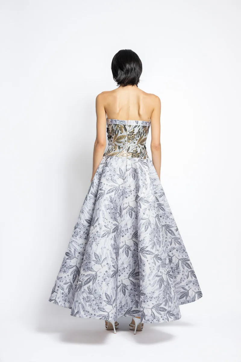 Silver Bay Leaf Jacquard Strapless Ball Gown With Gilded Bodice And Floral Embroidery