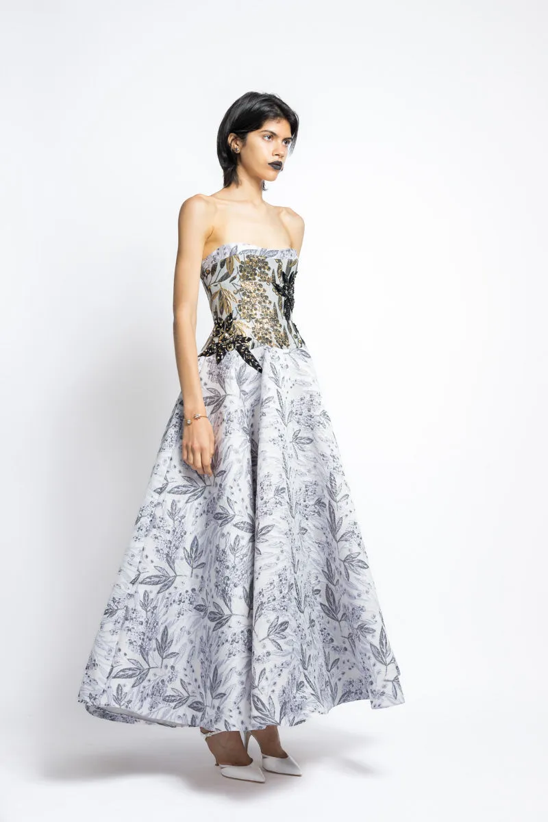 Silver Bay Leaf Jacquard Strapless Ball Gown With Gilded Bodice And Floral Embroidery
