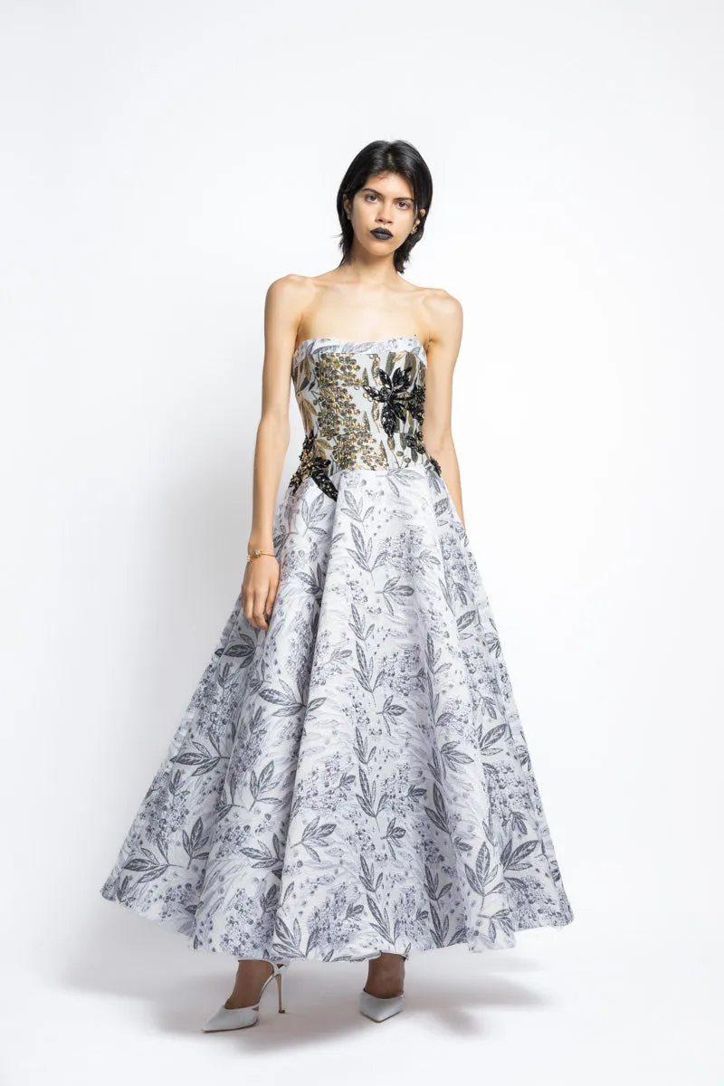 Silver Bay Leaf Jacquard Strapless Ball Gown With Gilded Bodice And Floral Embroidery