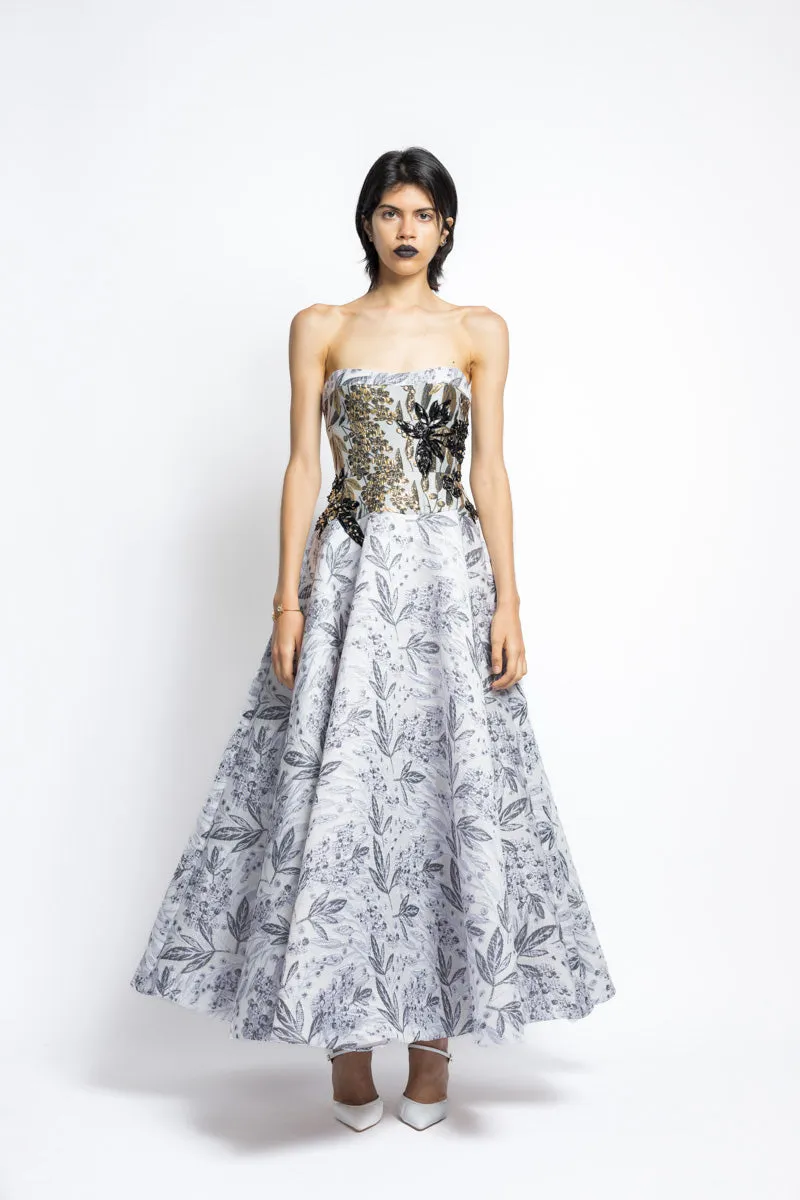 Silver Bay Leaf Jacquard Strapless Ball Gown With Gilded Bodice And Floral Embroidery