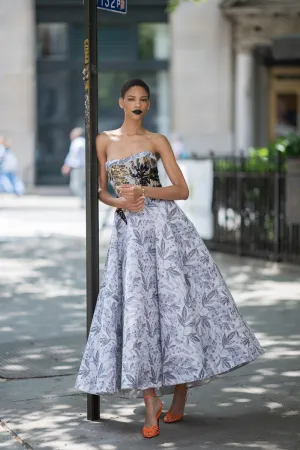 Silver Bay Leaf Jacquard Strapless Ball Gown With Gilded Bodice And Floral Embroidery