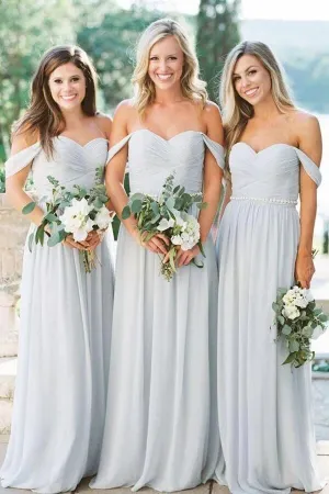 Silver Chiffon A-line Off Shoulder Bridesmaid Dresses, Wedding Party Dress, MBD171