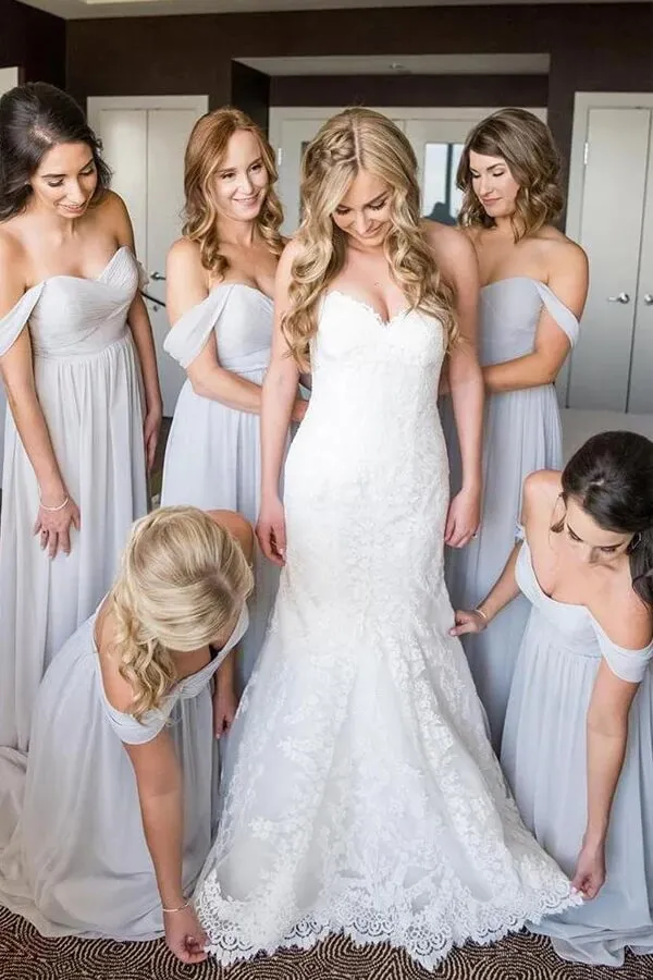 Silver Chiffon A-line Off Shoulder Bridesmaid Dresses, Wedding Party Dress, MBD171