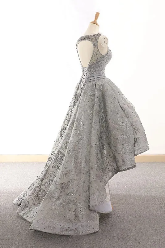 Silver Gray High Low Lac Beading Open Back Prom Dress Homecoming Dress OK17