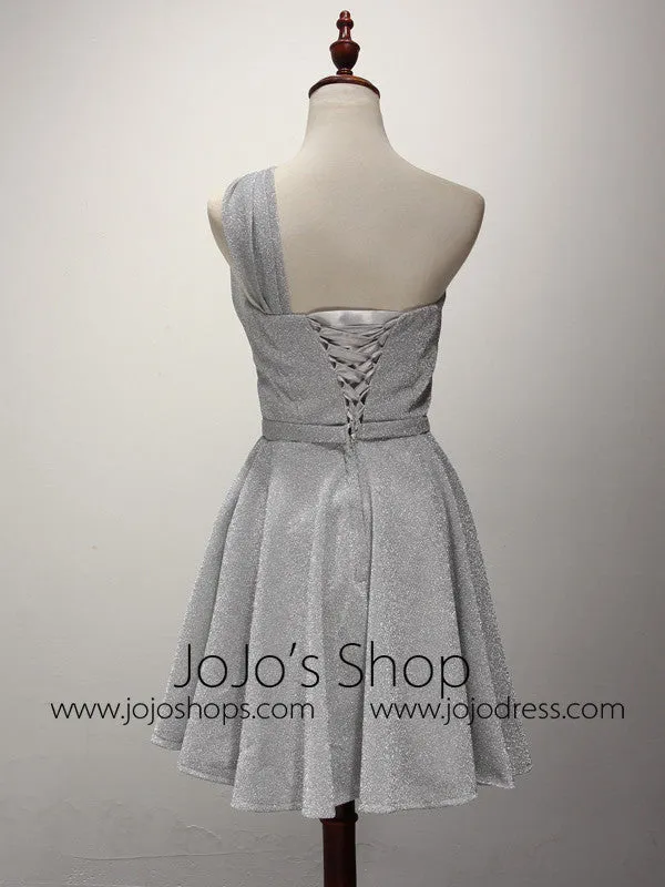 Silver Grecian One Shoulder Short Bridesmaid Dress