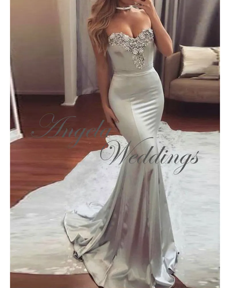 Silver Mermaid Prom Dresses Sexy Strapless Long Prom Gowns