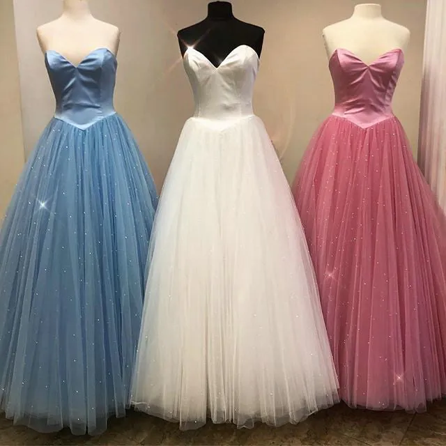 Simple 2018 Sweetheart Satin Tulle A line Prom Dresses with Pearls Pageant Gowns
