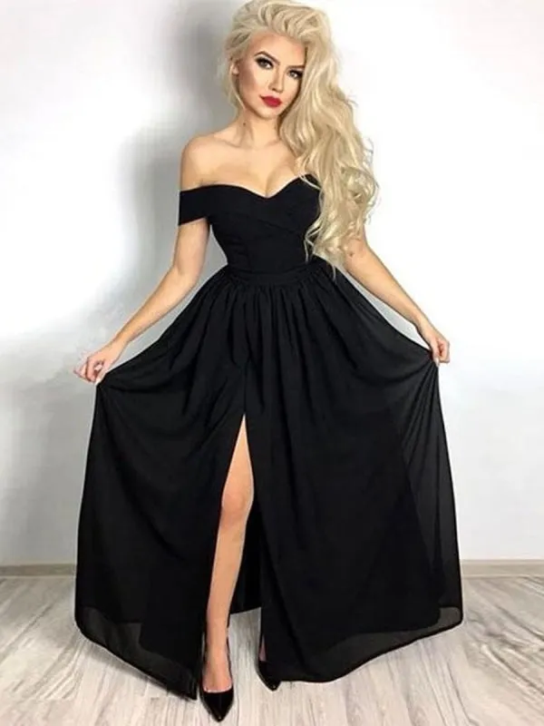 Simple Black Off Shoulder Chiffon Long Prom with Leg Slit, Off Shoulder Black Formal Chiffon Slit Evening