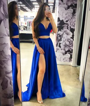 Simple blue two pieces long prom dress, blue evening dress