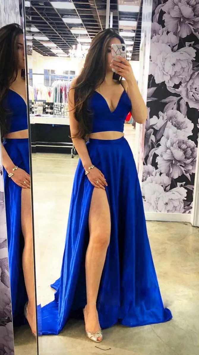 Simple blue two pieces long prom dress, blue evening dress