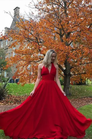 Simple Charming A Line V Neck Sleeveless Backless Red Long Chiffon Prom Dresses Evening Dress OHC321