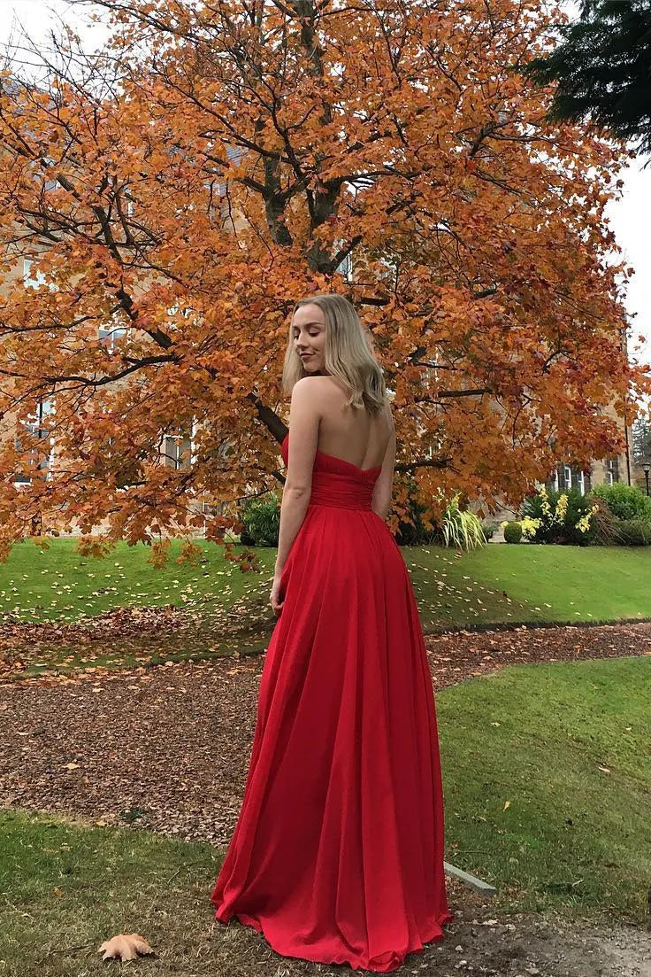 Simple Charming A Line V Neck Sleeveless Backless Red Long Chiffon Prom Dresses Evening Dress OHC321