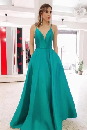 Simple Green Satin A-line V-neck Spaghetti Straps Long Prom Dresses, MP922