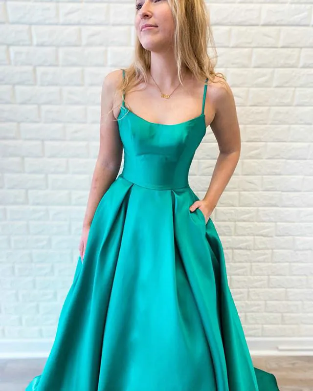 Simple Light Blue Satin Prom Dresses with Spaghetti Straps Long Prom Party Gowns 2019