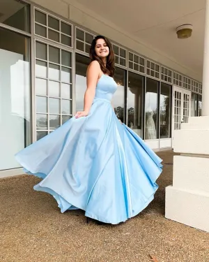 Simple Light Blue Satin Prom Dresses with Spaghetti Straps Long Prom Party Gowns 2019