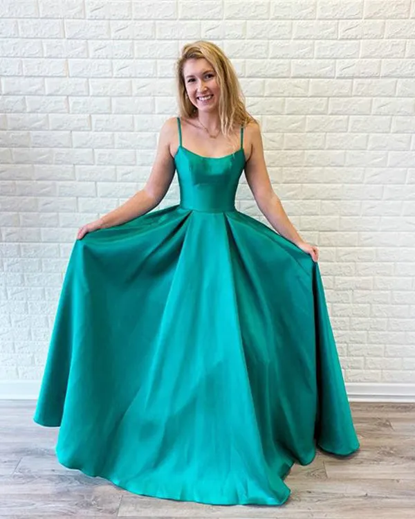 Simple Light Blue Satin Prom Dresses with Spaghetti Straps Long Prom Party Gowns 2019