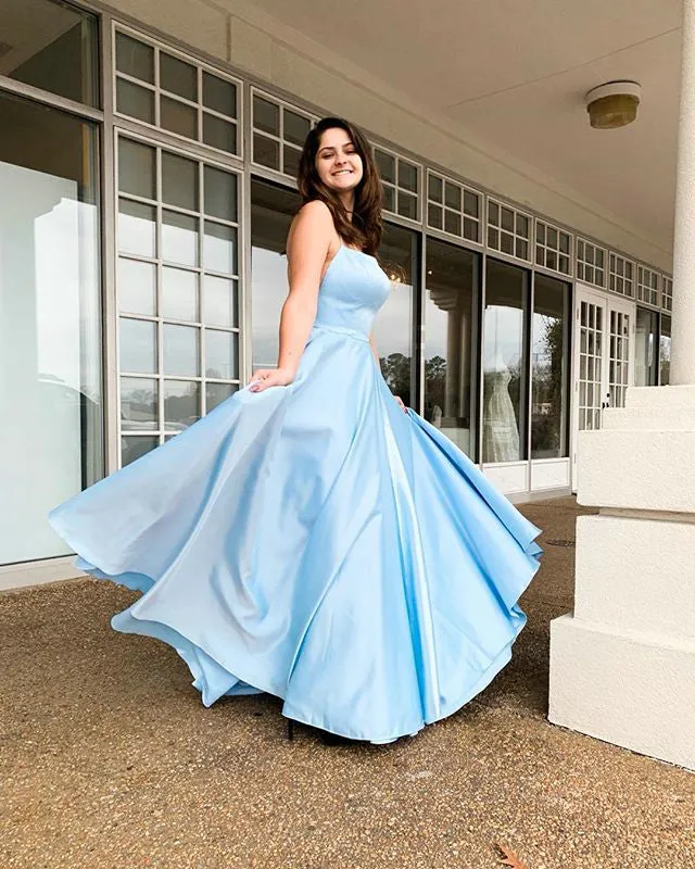 Simple Light Blue Satin Prom Dresses with Spaghetti Straps Long Prom Party Gowns 2019