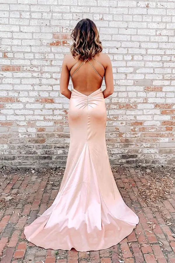 Simple Pearl Pink Mermaid Spaghetti Straps V-neck Long Prom Dresses, MP733