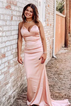 Simple Pearl Pink Mermaid Spaghetti Straps V-neck Long Prom Dresses, MP733