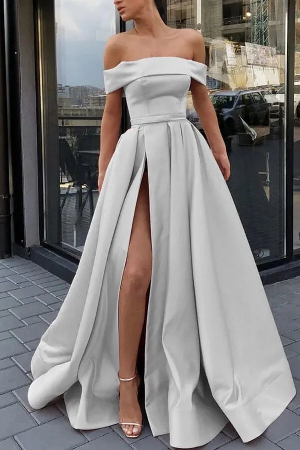 Simple Pink Satin A-line Off Shoulder Sweep Train Prom Dresses With Belt, MP667