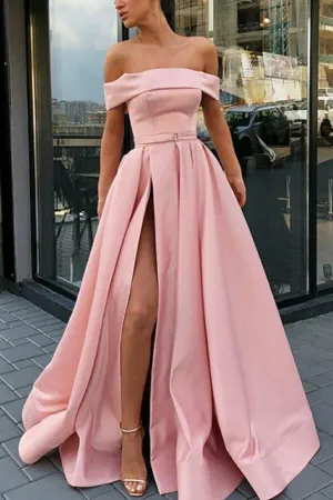 Simple Pink Satin A-line Off Shoulder Sweep Train Prom Dresses With Belt, MP667