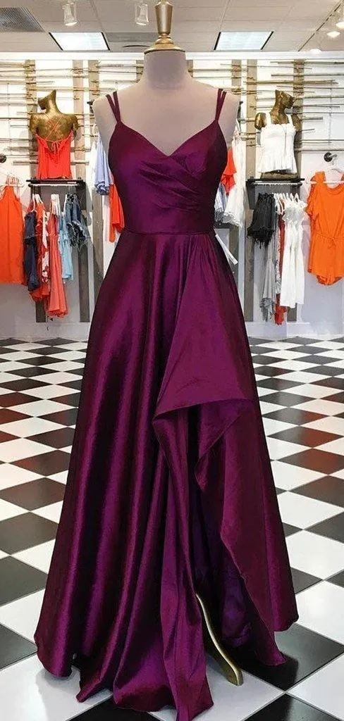 Simple Plum Satin Long Side Slit Prom Dresses TP0179