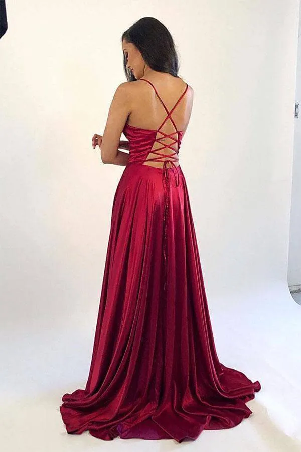 Simple Satin A-line V-neck Prom Dresses, Evening Gowns With Side Split, MP661