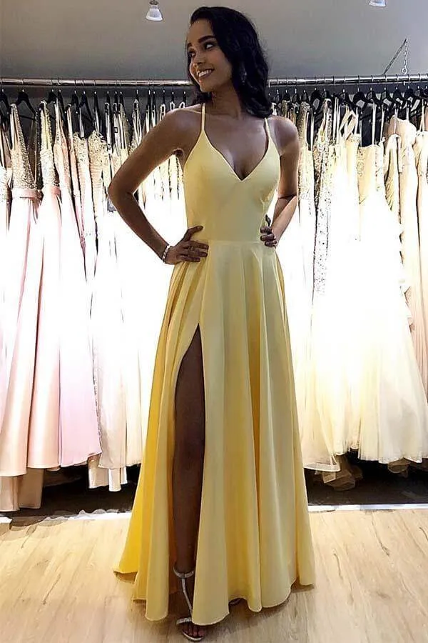 Simple Satin A-line V-neck Prom Dresses, Evening Gowns With Side Split, MP661