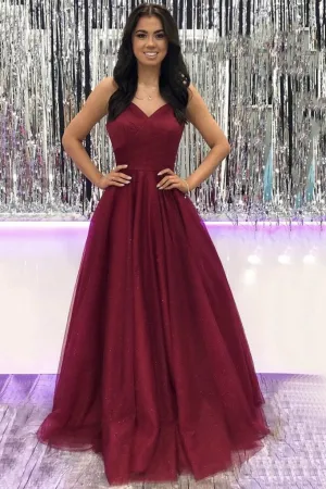 Simple v neck tulle burgundy long prom dress burgundy evening dress