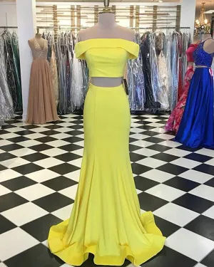 Simple Yellow Two Piece Prom Dresses Off The Shoulder Spandex Mermaid Prom Party Gowns 2018 New