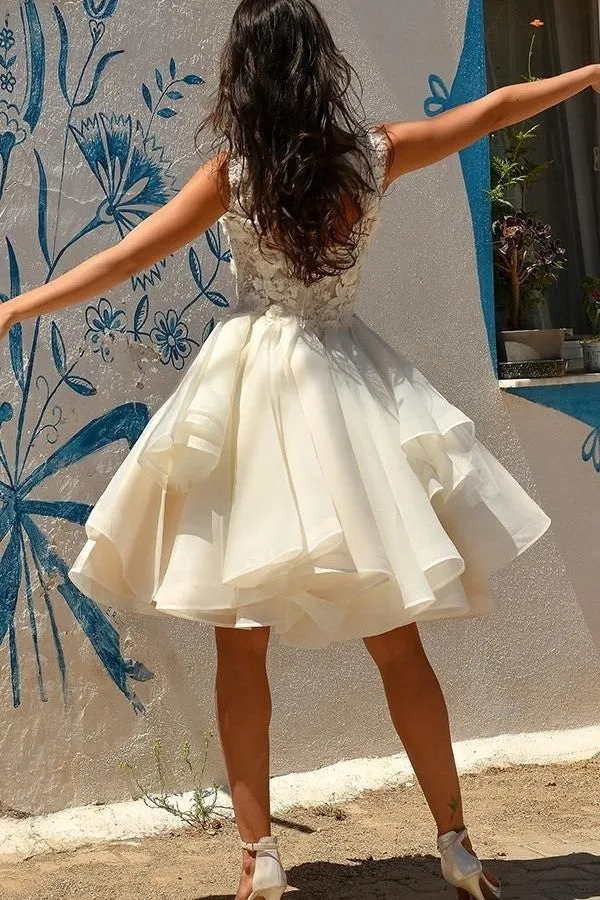 Sleeveless Short Organa Wedding Gowns with Lace Bodice