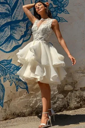 Sleeveless Short Organa Wedding Gowns with Lace Bodice
