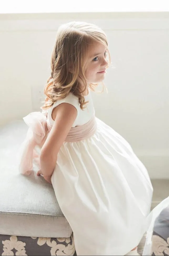 Sleeveless Tulle Waistband Satin Flower Girls Dress Cheap