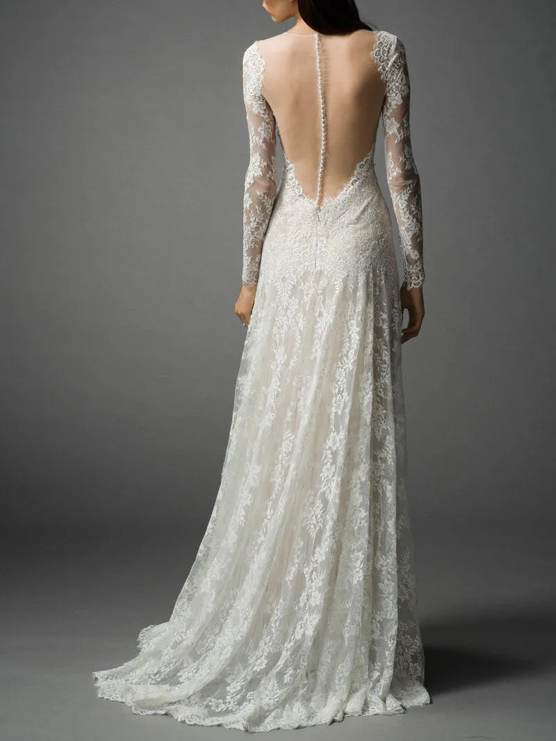 Slim A-line Lace Wedding Dress with Long Sleeves