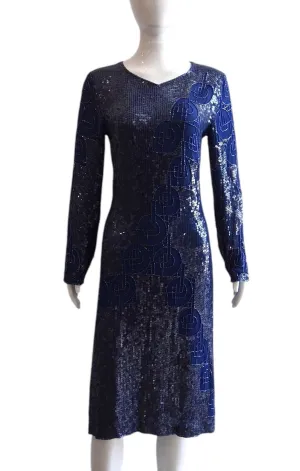 Slinky Electricity - Blue Sequinned Abstract Artsy Long Sleeve Evening Dress