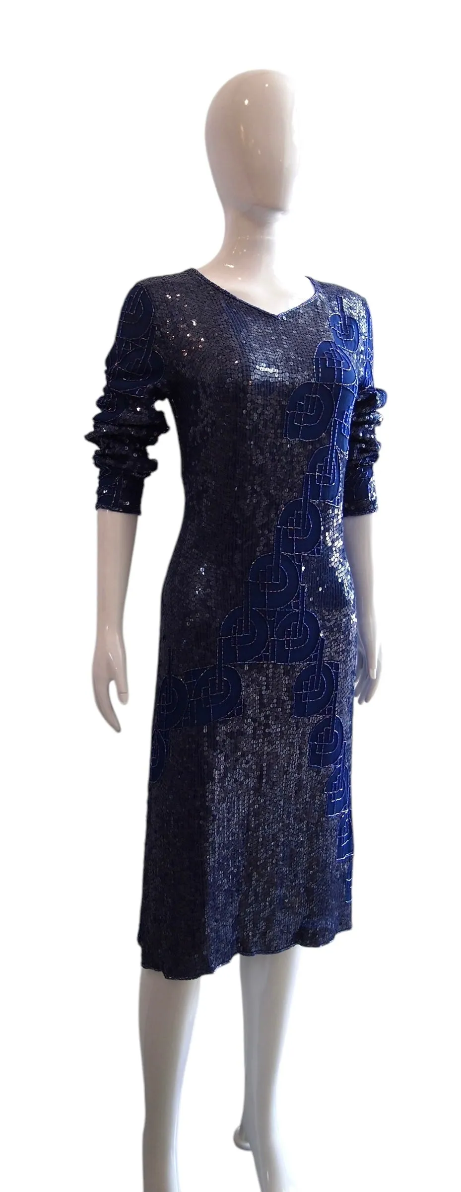 Slinky Electricity - Blue Sequinned Abstract Artsy Long Sleeve Evening Dress