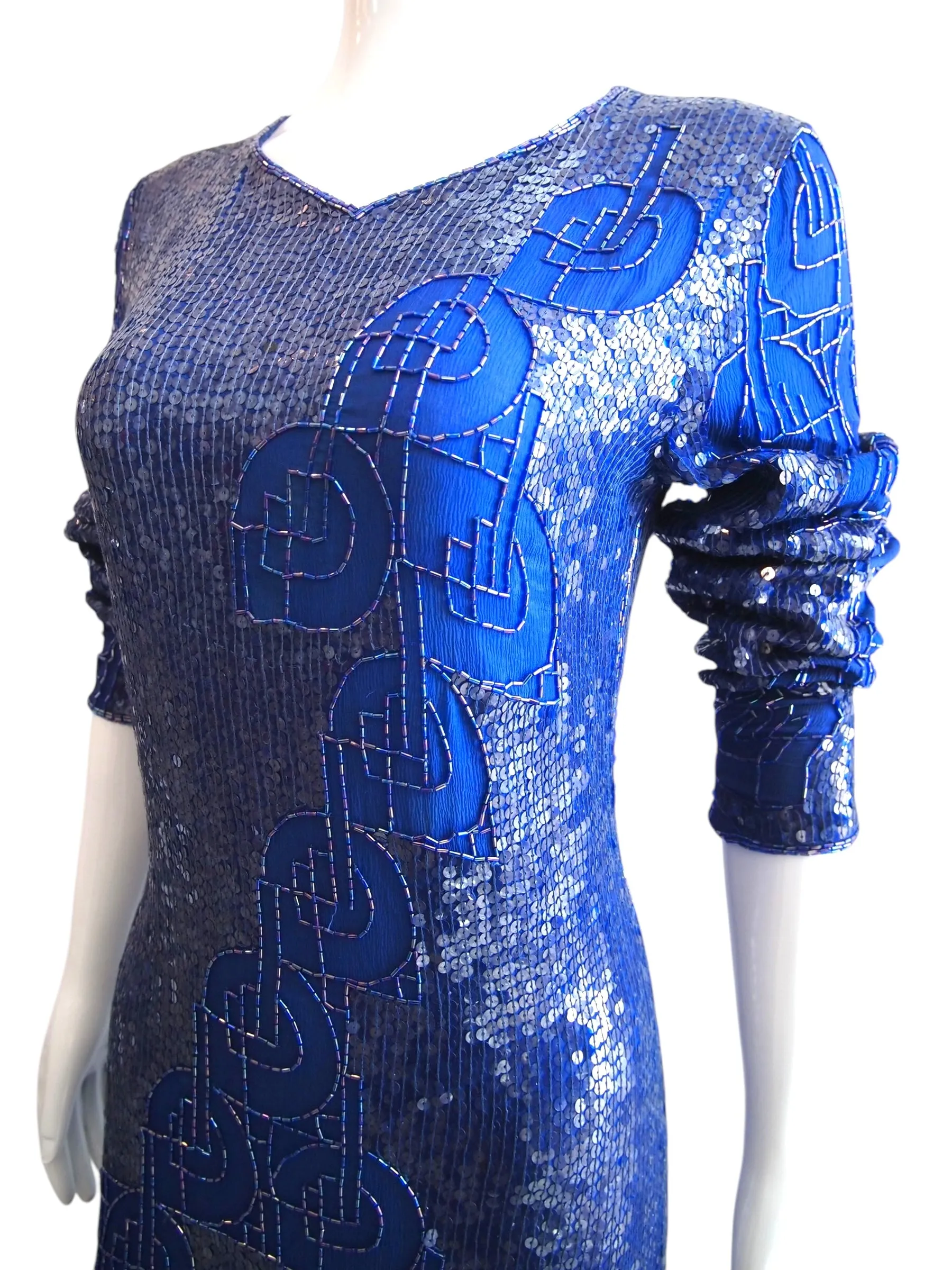 Slinky Electricity - Blue Sequinned Abstract Artsy Long Sleeve Evening Dress