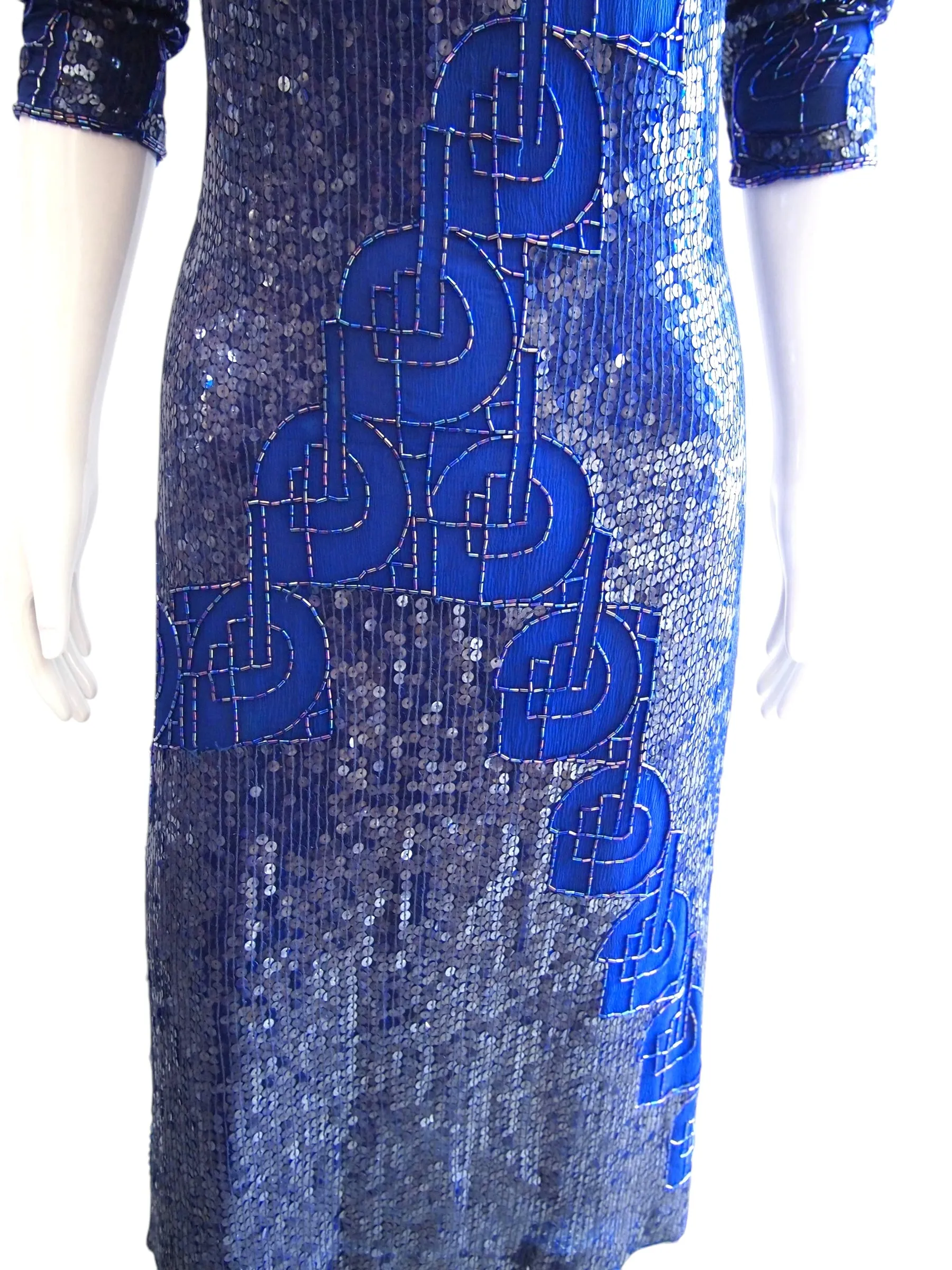 Slinky Electricity - Blue Sequinned Abstract Artsy Long Sleeve Evening Dress