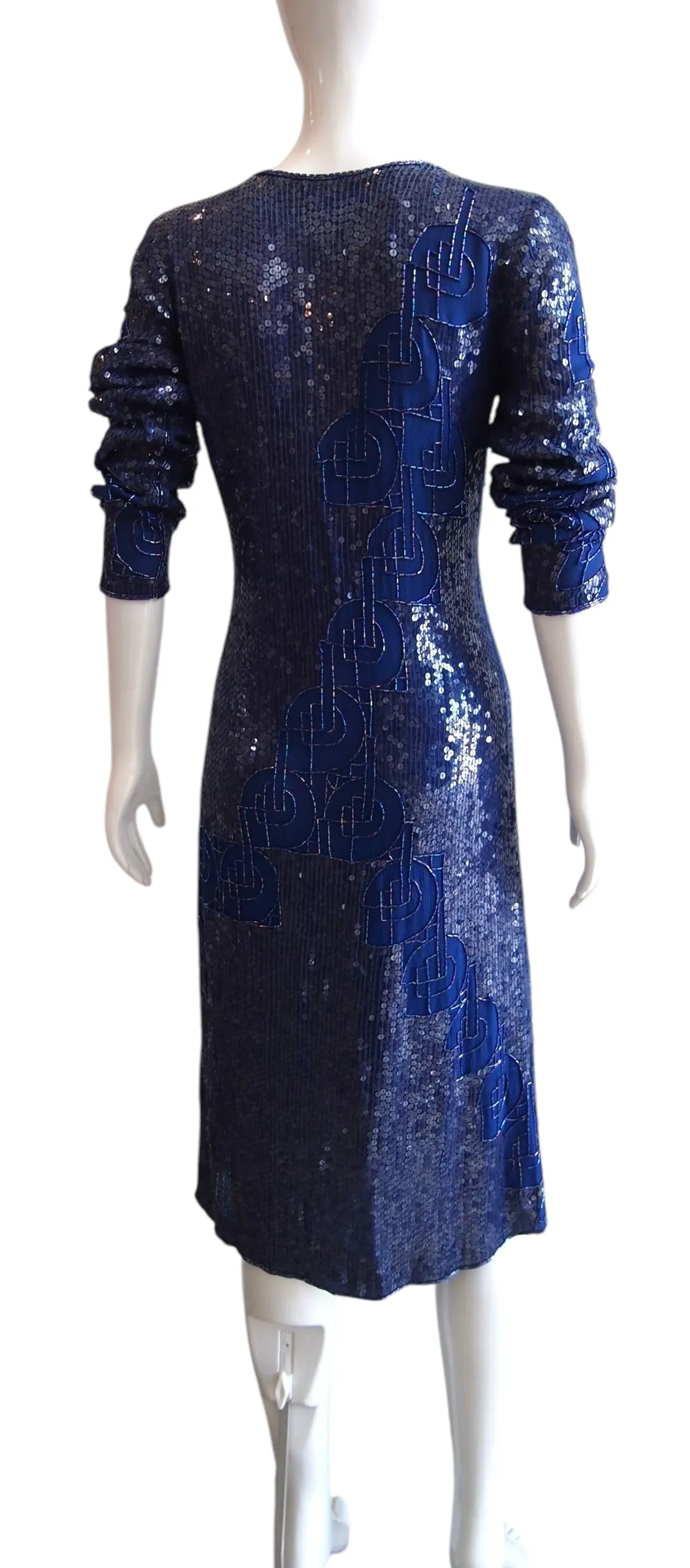 Slinky Electricity - Blue Sequinned Abstract Artsy Long Sleeve Evening Dress