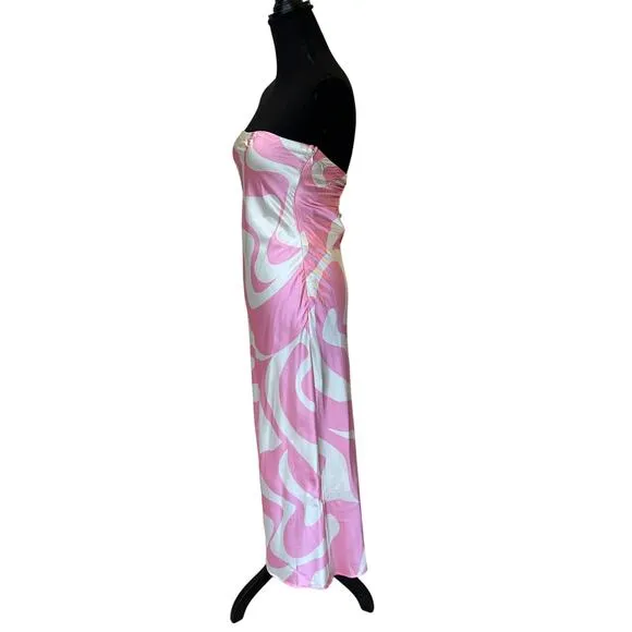 SNDYS Pink White Swirl Strapless Satin Midi Dress SMALL Bodycon Cocktail $72 NEW