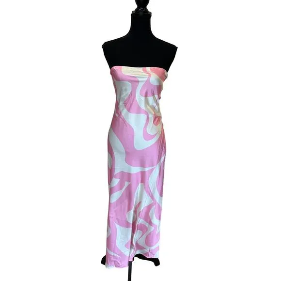 SNDYS Pink White Swirl Strapless Satin Midi Dress SMALL Bodycon Cocktail $72 NEW