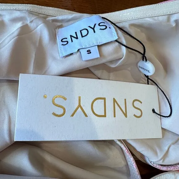 SNDYS Pink White Swirl Strapless Satin Midi Dress SMALL Bodycon Cocktail $72 NEW