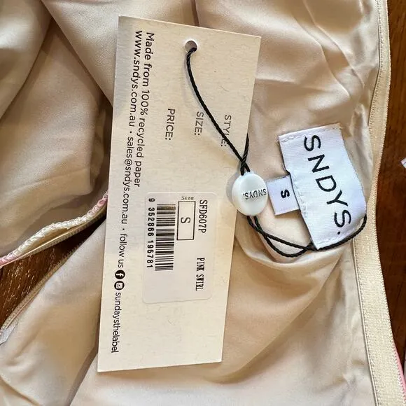 SNDYS Pink White Swirl Strapless Satin Midi Dress SMALL Bodycon Cocktail $72 NEW