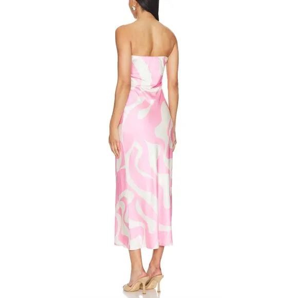 SNDYS Pink White Swirl Strapless Satin Midi Dress SMALL Bodycon Cocktail $72 NEW