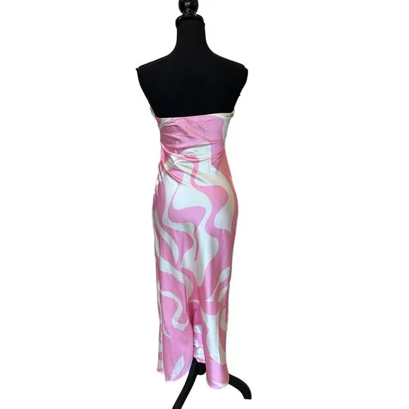 SNDYS Pink White Swirl Strapless Satin Midi Dress SMALL Bodycon Cocktail $72 NEW
