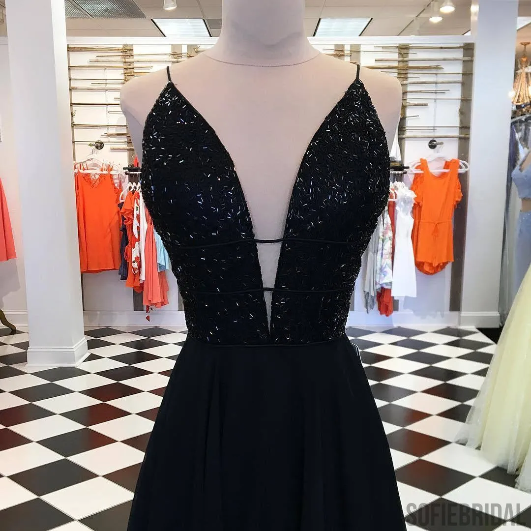Spaghetti Long A-line Chiffon Beaded Black Prom Dresses, PD0887